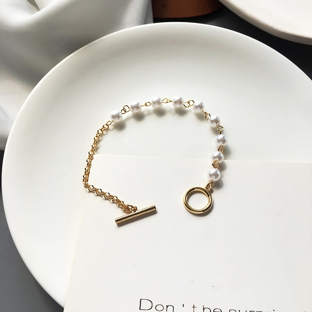 Half Baroque Pearl Half Gold Chain Bracelet,OT Clasp Bracelet, Toggle Clasp